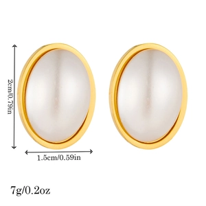 Elegant gold-tone oval stainless steel earrings with white pearls, 2cm height size guide