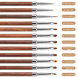Professional 12pcs nail art brush set with wooden handles for painting and liner designs