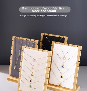 Bamboo necklace display stands with multi-color velvet linings for jewelry organization