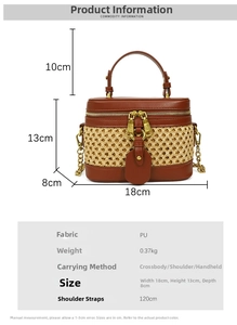 Detailed size chart and dimensions of the woven vintage crossbody makeup bucket bag