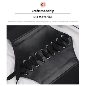 Detail view of the black PU leather corset belt featuring lace-up front and elastic band
