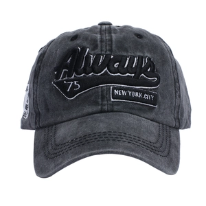 Detail of vintage washed cotton baseball cap with Always New York 75 3D embroidery