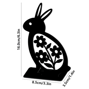 Detailed dimensions of hollow Easter bunny ornament with floral pattern on black acrylic