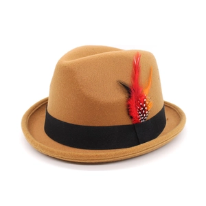 Close-up of camel wool Fedora hat with black ribbon band and colorful feather accents
