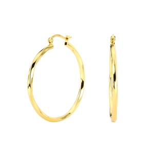Close-up detail of S925 sterling silver stamp on golden twisted hollow hoop earrings