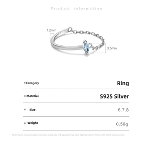 Detail view of S925 silver chain ring with light blue marquise stone and 1.2mm band width