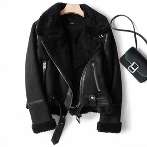 Veste aviateur noire en suédine et polaire pour femme avec zip et ceinture à la taille