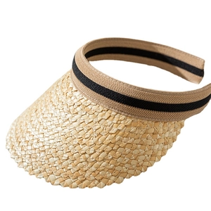 Women's woven straw open top sun hat with striped ribbon detail for summer wear