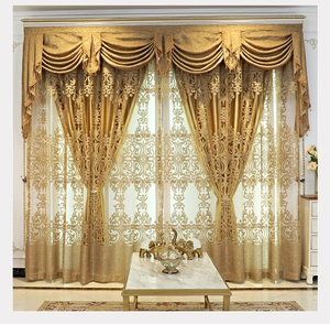 Luxurious gold jacquard curtains featuring elegant embroidery and matching valance detail
