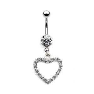 Silver heart navel ring with white evil eye zircon pendant on a white background