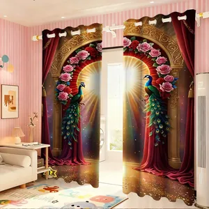 Detaillierter 3D-Blumenvorhang mit goldenem Bogen und Pfauendesign in einem Luxuszimmer