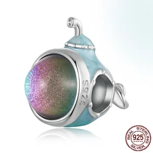 S925 sterling silver submarine bead charm with blue enamel and iridescent sphere
