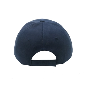 Rear view of navy blue baseball cap showing twill texture and adjustable velcro strap