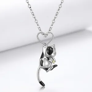 925 Sterling Silver Cute 3D Cow Cat Pendant Necklace Women Girls Animal Theme Rhinestone Enamel Jewelry Accessory Gift