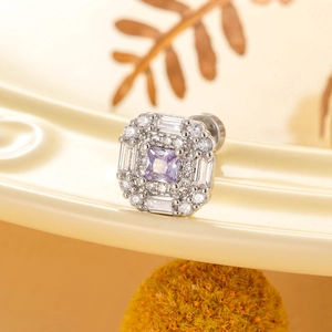 Silver square stud earring with purple zircon center and sparkling crystal halo