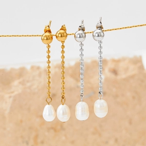 Elegant long pearl tassel earrings in gold and silver finish with long metal chain