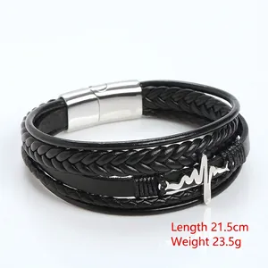 Handmade multilayer leather bracelet with ECG heartbeat charm and magnetic steel clasp