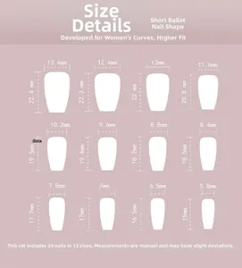 Size chart for short ballerina leopard print nails showing twelve different dimensions