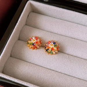 Colorful Zircon Flower Stud Earrings With 925 Sterling Silver Earring Post Elegant Firework Design Jewelry For Women