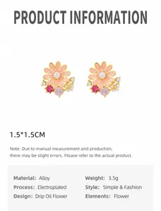 Detailed view of pink daisy stud earrings with 1.5cm size and alloy material specs
