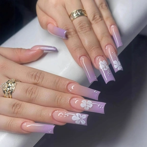 Press On Nails Long Coffin Square Purple Gradient White Flower Pattern Glossy ABS False Nails Manicure Artificial Nails