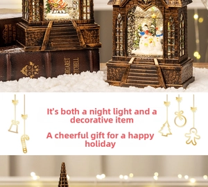 Retro bronze Christmas lantern featuring a glowing snowman snow globe and swirling glitter