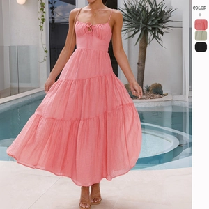 Damen Sommer Spaghetti Träger Stufen Maxi Kleid Rückenfrei Schnürung Crinkle Hohe Taille Elegant Urlaub Strandmode