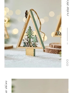 Detail of wooden Christmas tree ornament with snowman scene and warm festive bokeh lights