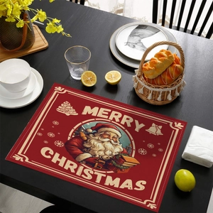 Red Christmas placemat with Santa Claus on dark wood table in cozy dining scene