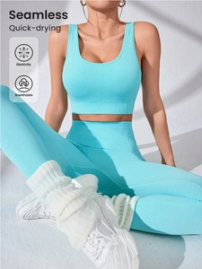 Yoga Top And Bottom Sans Couture Nervuré pour Femmes Leggings Taille Haute Contrôle du Ventre Avec Brassière de Sport Fitness Gym