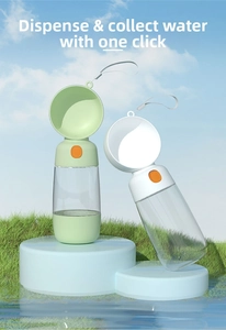 Detail view of portable pet water bottle with one-button water control and leakproof design