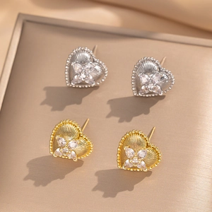 Orecchini A Lobo Cuore Zirconia Fiore Rame Retrò Stile Francese Elegante Accessorio Donna