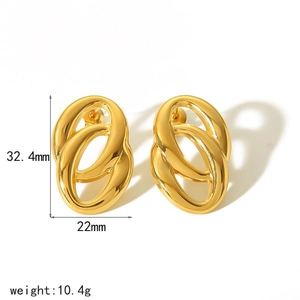 Gold twisted oval stainless steel earrings with dimensions 32.4mm by 22mm