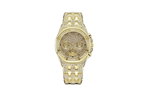 Detailed view of the gold-toned luxury watch with crystals on the octagonal bezel