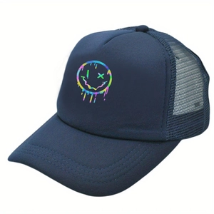 Navy blue trucker hat with a colorful gradient lava smiley face and breathable mesh back