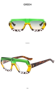 Detailed view of tricolor hexagonal glasses frame with green, yellow and tortoise accents
