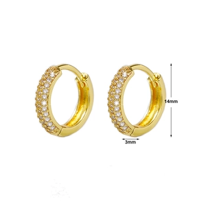 Detailed view of gold earrings with micro-pave white zircon, 14mm outer diameter