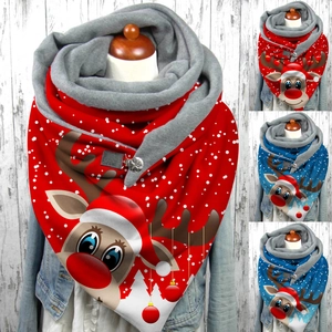 Plush Christmas neck scarf with reindeer snowflake print and button closure for winter