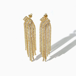 Elegant gold-tone long tassel earrings with sparkling white cubic zirconia fringe