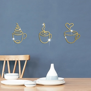 Three-piece golden mirror acrylic coffee cup wall stickers on dark blue dining wall
