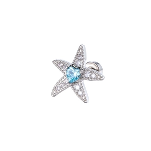 Micro-set zircon starfish stud earring with blue heart stone and silver plating