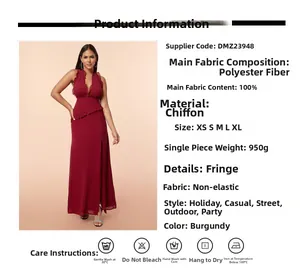 Detail of wine red halter dress showing high-quality polyester chiffon fabric and ruffle hem