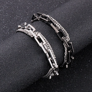 Double-layered stainless steel Cuban chain bracelets in silver and black finishes