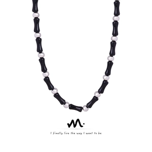 Vintage Black Agate Beaded Necklace With Titanium Steel Silver Beads Minimalist Jewelry For Women