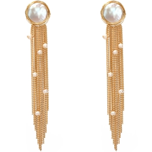 Elegant 925 silver baroque pearl earrings with golden chain tassels and multiple small pearls