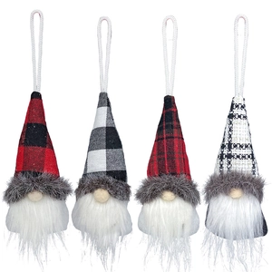 Set of four Christmas gnome ornaments in red and black plaid hats for festive tree decor