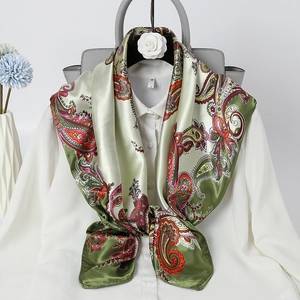 90cm paisley print satin scarf in grass green, elegant silk-feel fashion shawl for women