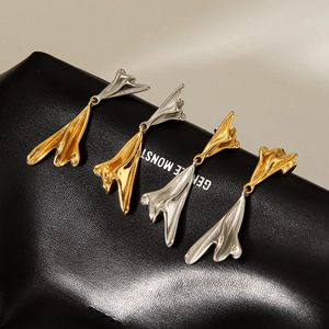 Irregular mixed-color stainless steel hoop earrings with glossy metallic finish
