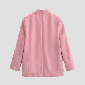 Pink women's casual blazer shown from the back with modern tailored cut and fine texture