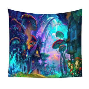 Bohemian forest tapestry featuring glowing mushrooms and fantasy cottage house art